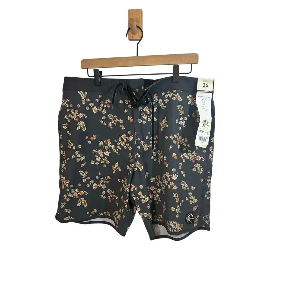 O'Neill Board Shorts Mens 36 Gray Floral OG Print Scallop 18” Swim Trunks NEW